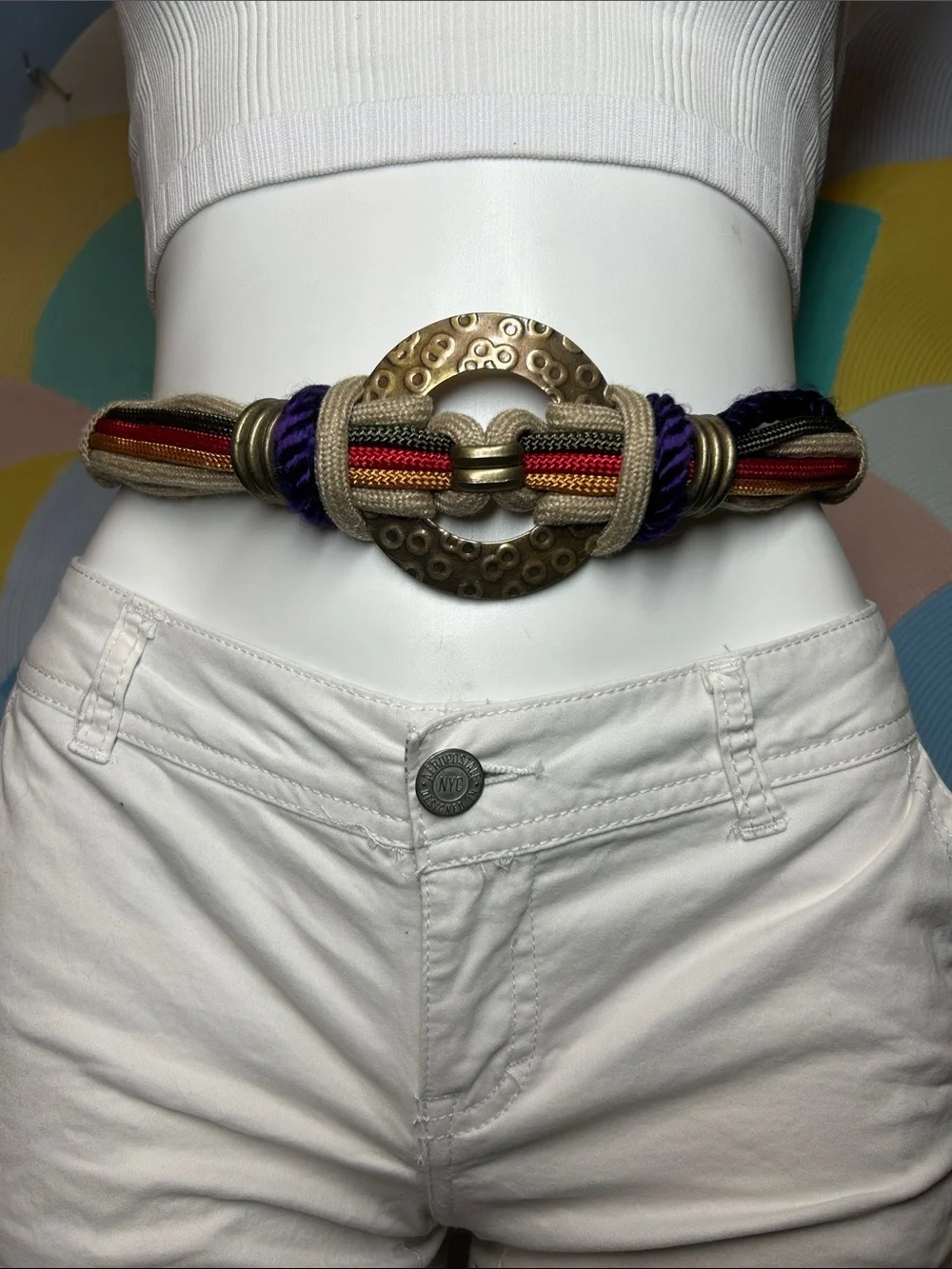 Vintage 1980s Multicolored Braided Rope Waist Belt with Antique Gold Ring